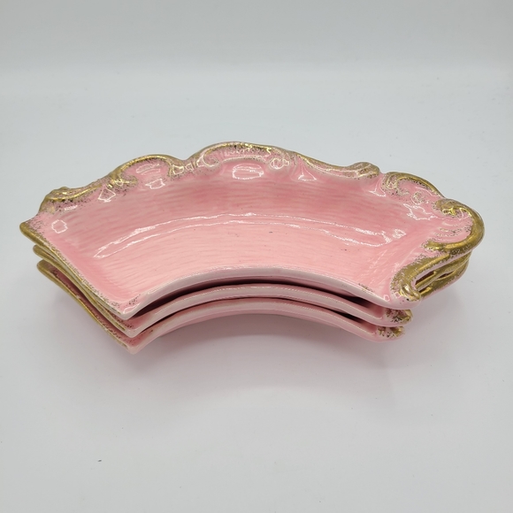 Mid Century California American Pottery 254 Filigree Dish Pink & Gold Set of 3 - Picture 3 of 6